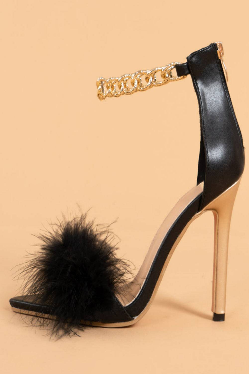 Stiletto High Heel Sandals Gold Chain Fluffy Fur Shoes - TGC Boutique - High Heel Sandals