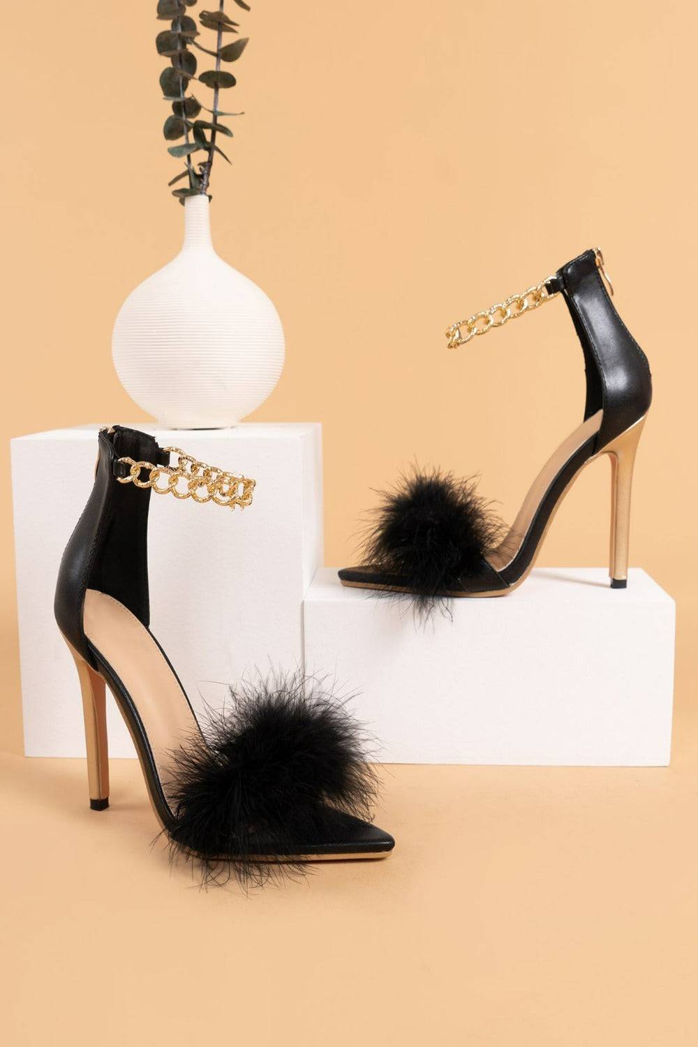 Stiletto High Heel Sandals Gold Chain Fluffy Fur Shoes - TGC Boutique - High Heel Sandals