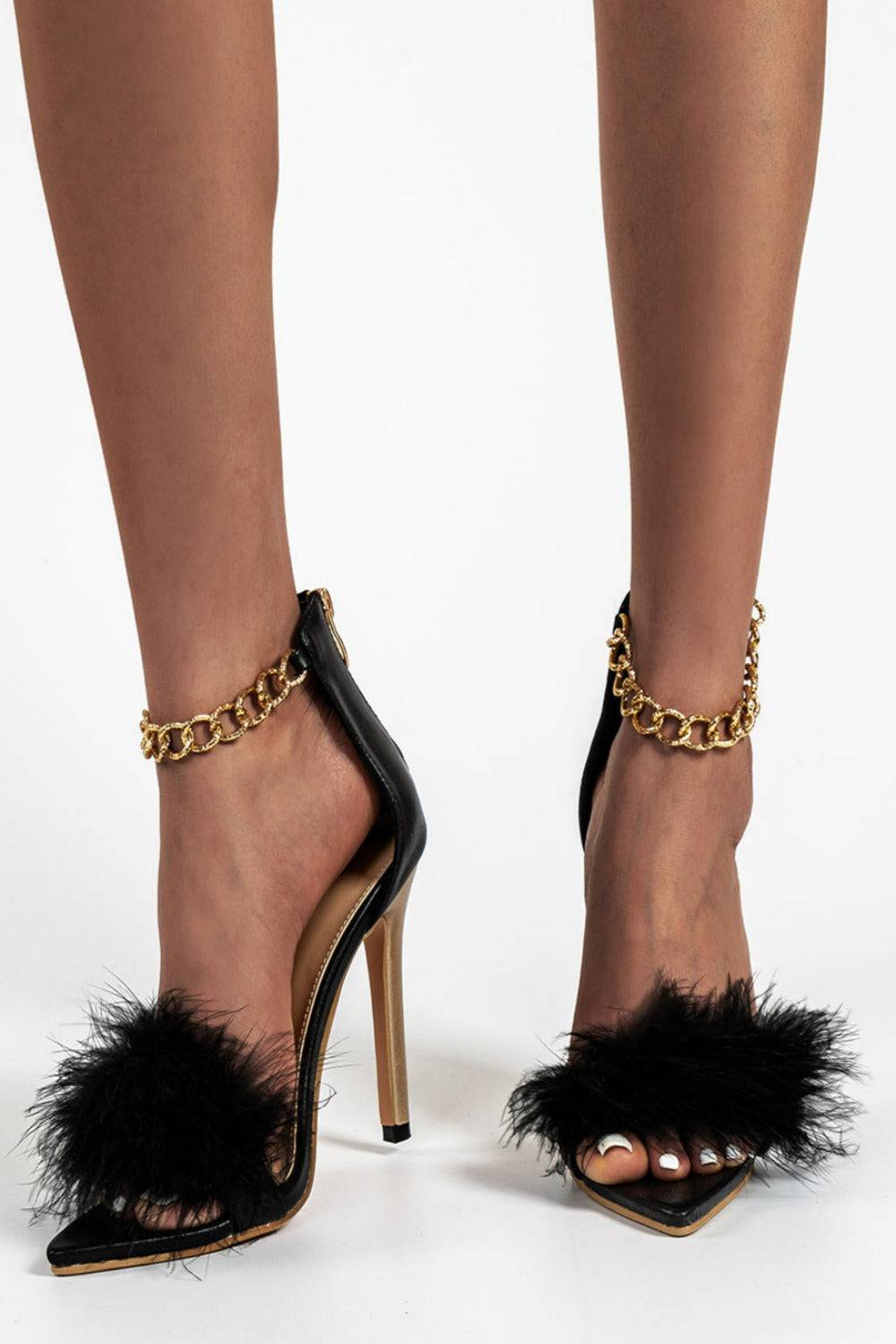 Stiletto High Heel Sandals Gold Chain Fluffy Fur Shoes - TGC Boutique - High Heel Sandals