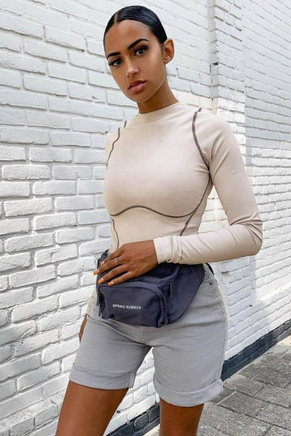 Striped Contour Long Sleeve Patchwork Bodycon Bodysuit - TGC Boutique - Bodysuit