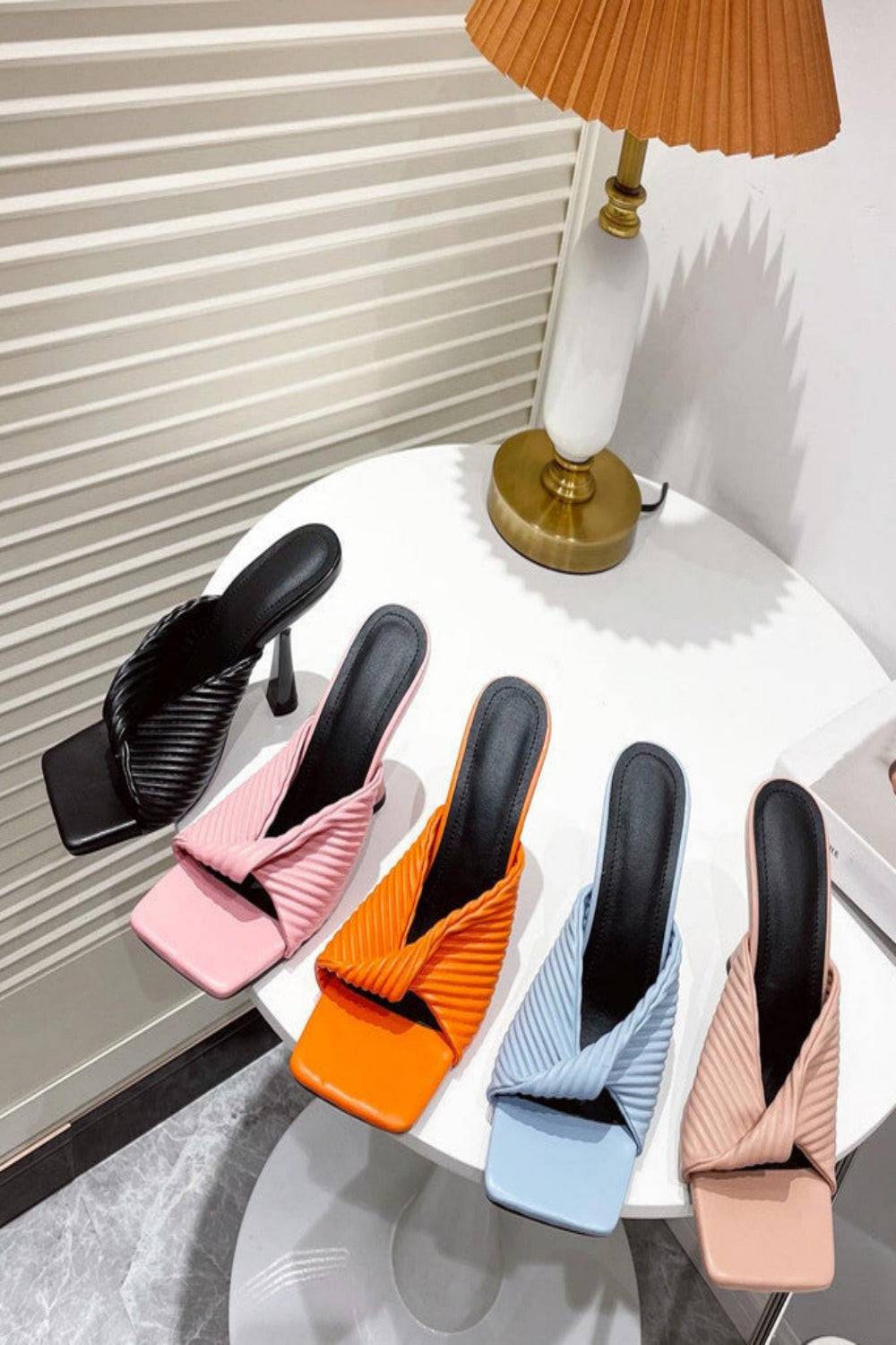 Textured Twist Strap Black Heeled Mules Sandals - TGC Boutique - Shoes