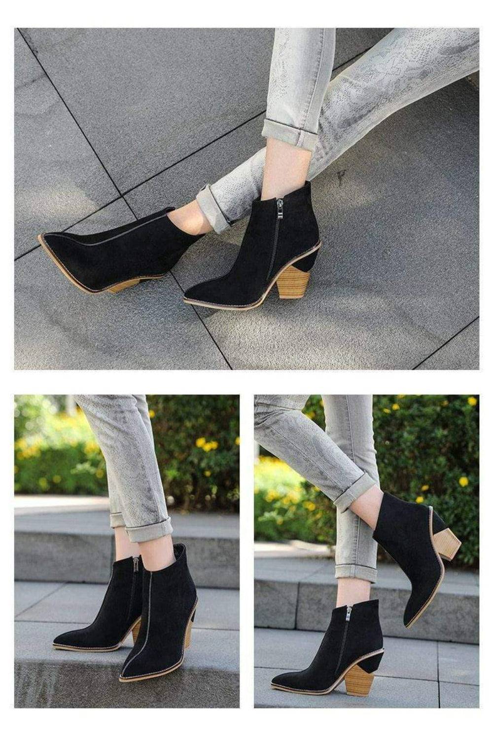 Thick High Heels Pointed Toe Western Cowboy Ankle Boots - TGC Boutique - Ankle Booties