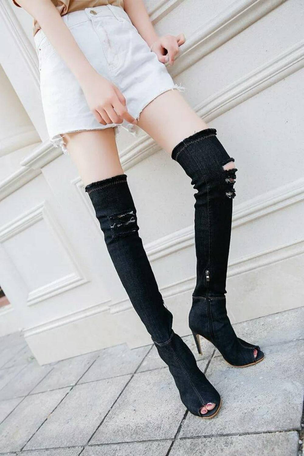 Thigh High Black Denim Boots - TGC Boutique - Black Boots