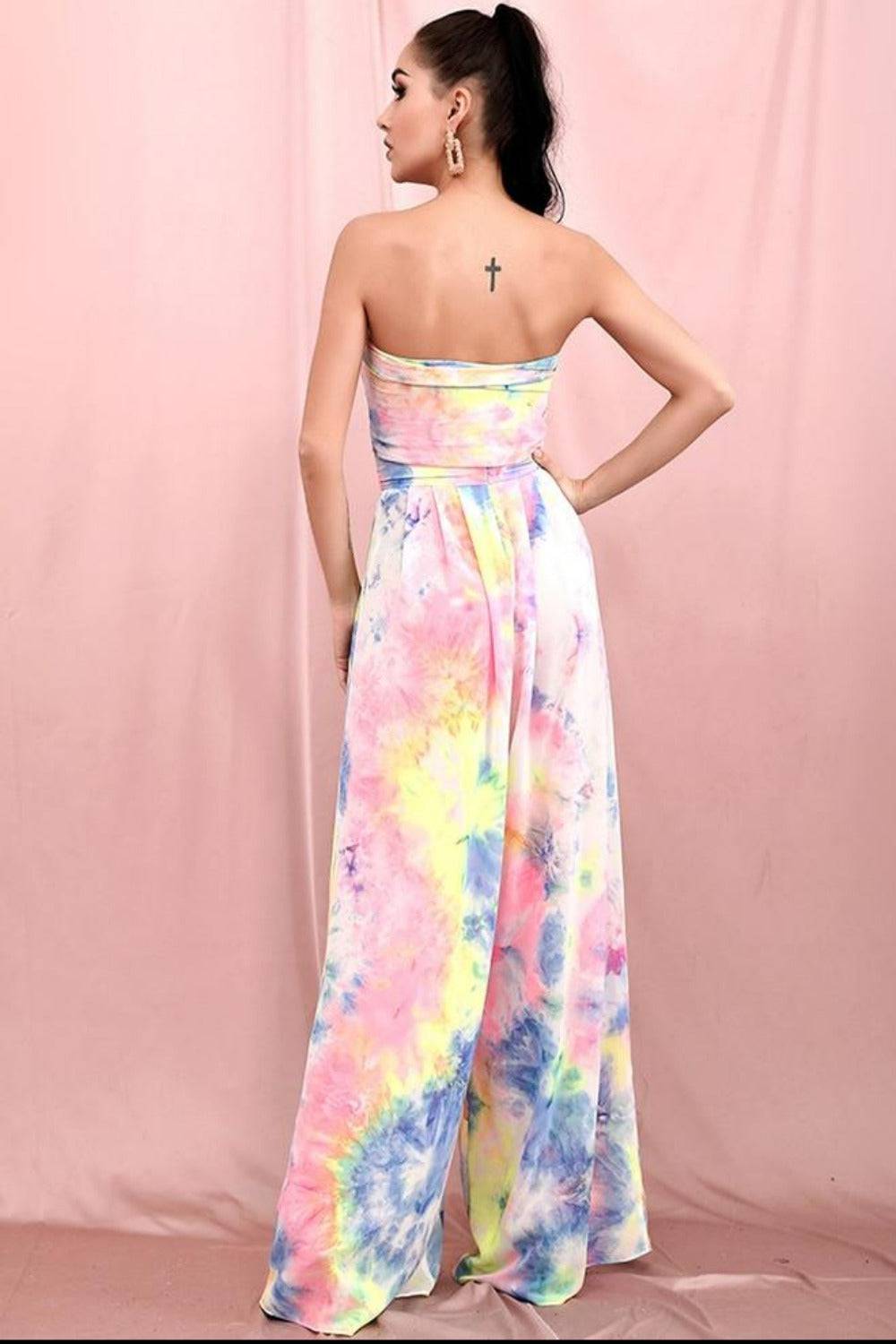 Tie Dye Strapless Tie Front High Waist Wide Leg Jumpsuit Pants Set - TGC Boutique - Top Pants 2 Piece Set