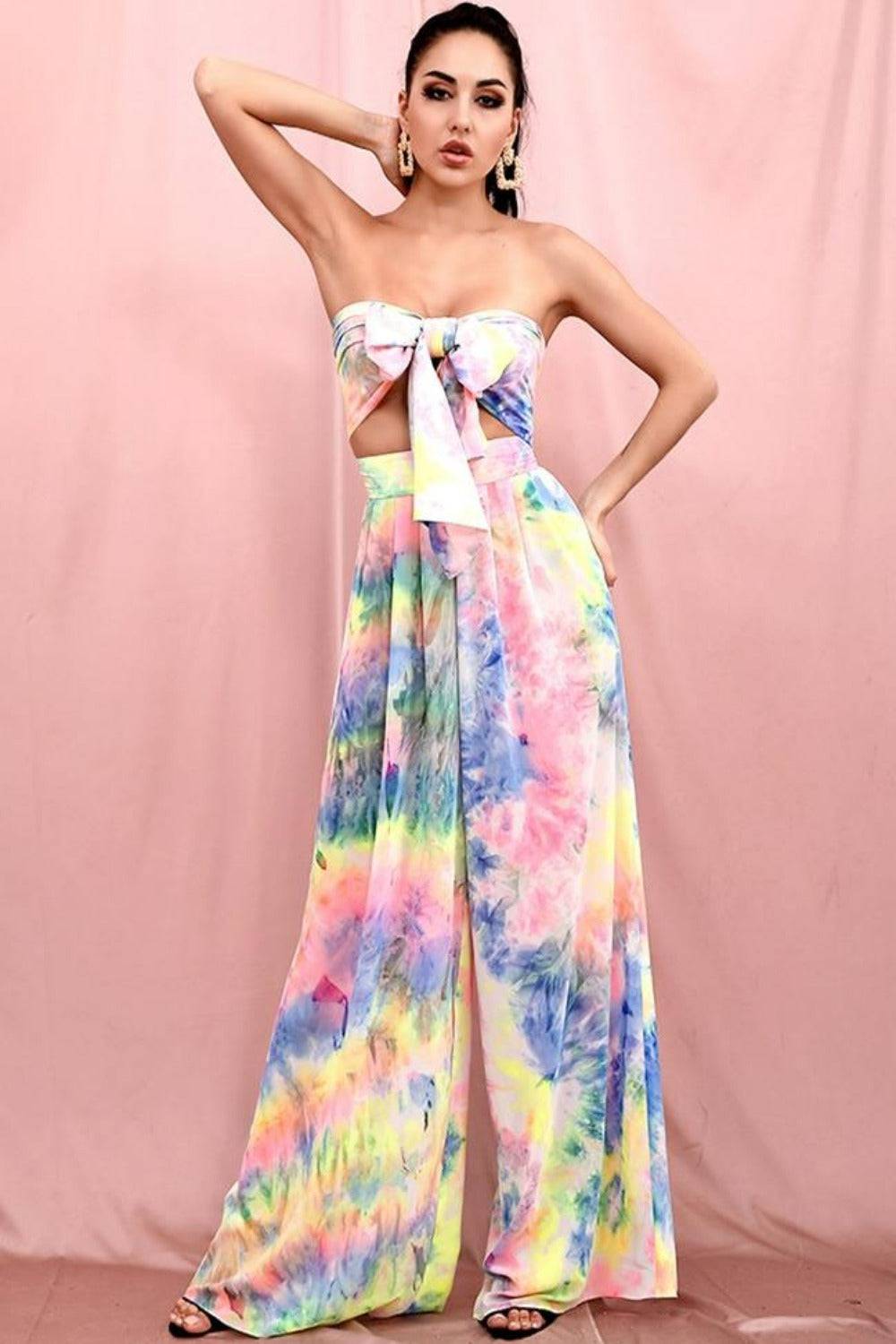 Tie Dye Strapless Tie Front High Waist Wide Leg Jumpsuit Pants Set - TGC Boutique - Top Pants 2 Piece Set