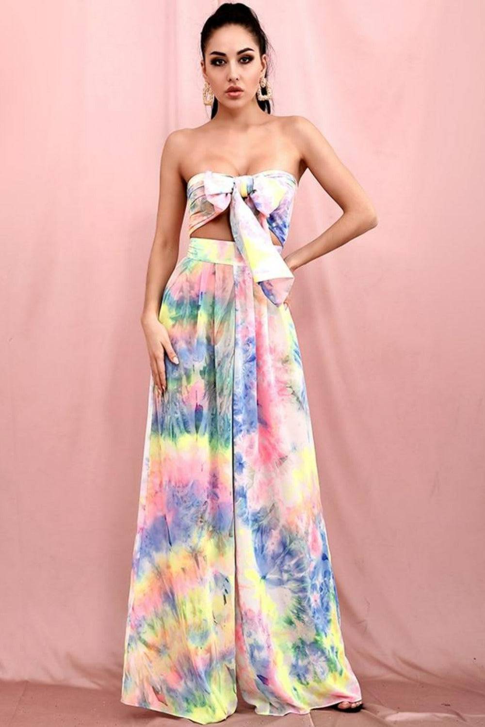 Tie Dye Strapless Tie Front High Waist Wide Leg Jumpsuit Pants Set - TGC Boutique - Top Pants 2 Piece Set