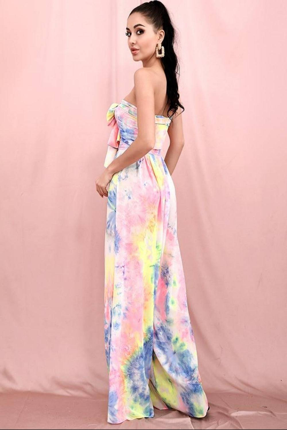 Tie Dye Strapless Tie Front High Waist Wide Leg Jumpsuit Pants Set - TGC Boutique - Top Pants 2 Piece Set