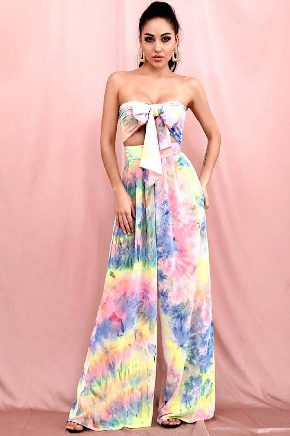 Tie Dye Strapless Tie Front High Waist Wide Leg Jumpsuit Pants Set - TGC Boutique - Top Pants 2 Piece Set