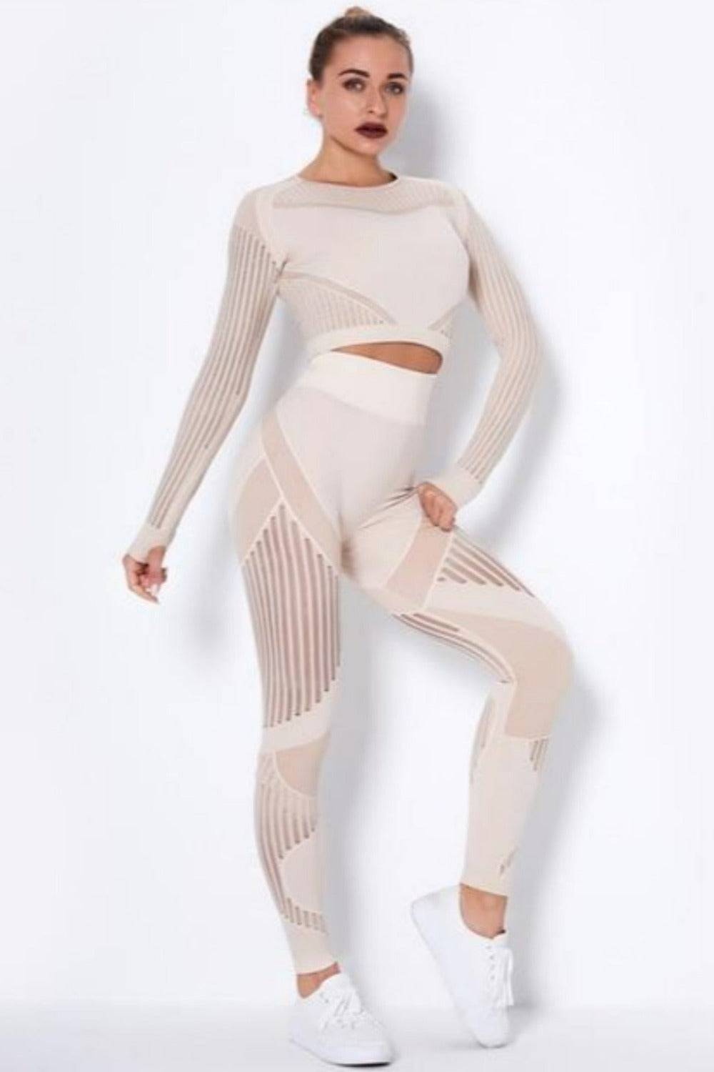 Tummy Control High Waist Seamless Leggings And Top 2 Piece Set - Khaki - TGC Boutique - Activewear Set