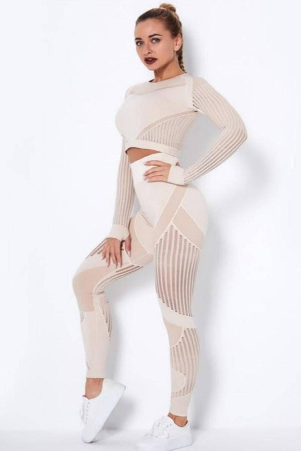Tummy Control High Waist Seamless Leggings And Top 2 Piece Set - Khaki - TGC Boutique - Activewear Set
