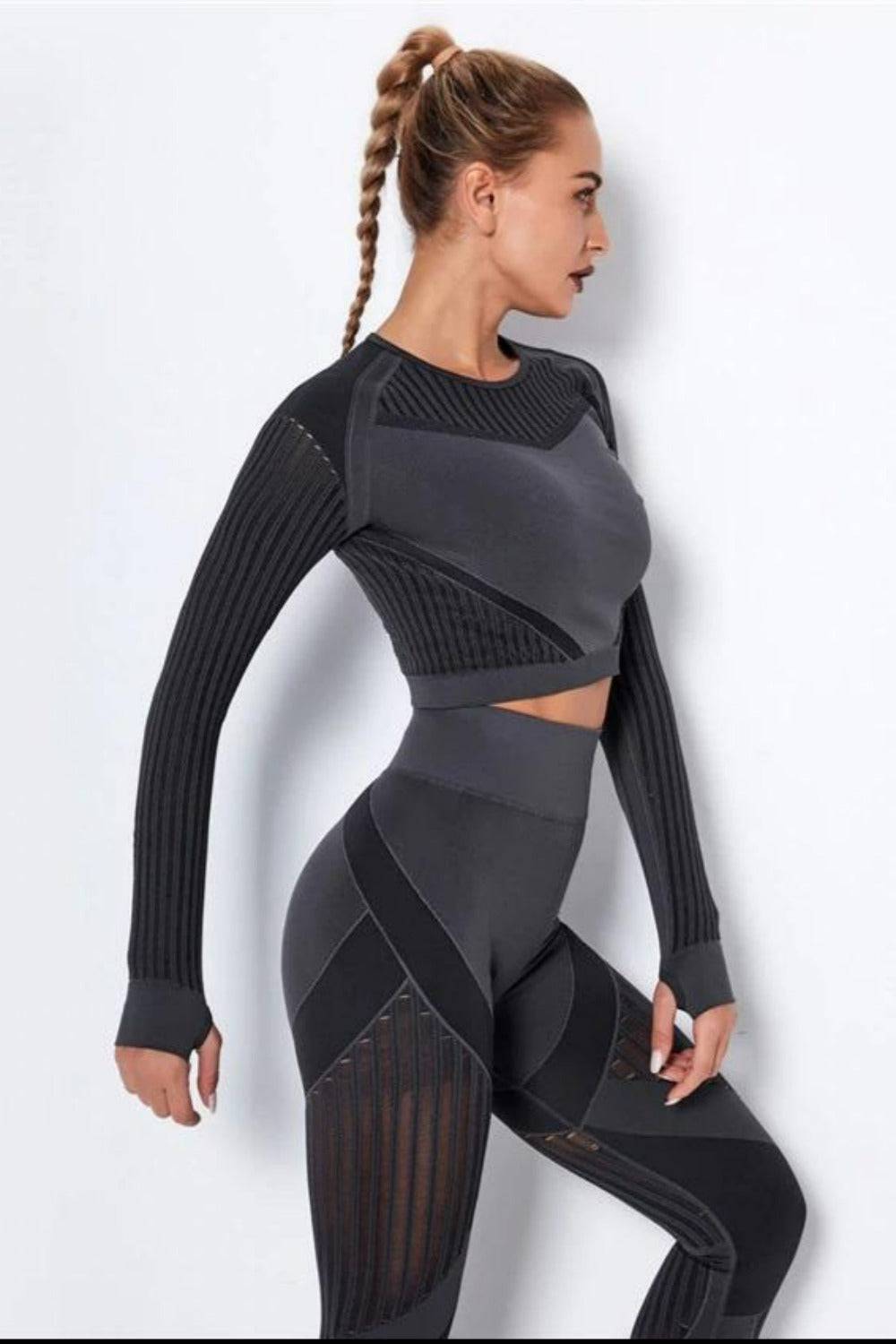 Tummy Control High Waist Seamless Top And Leggings 2 Piece Set - Black - TGC Boutique - Active wear Set