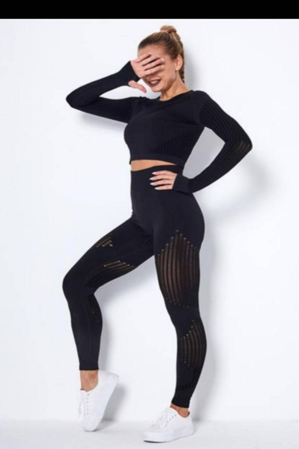Tummy Control High Waist Seamless Top And Leggings 2 Piece Set - Black - TGC Boutique - Active wear Set