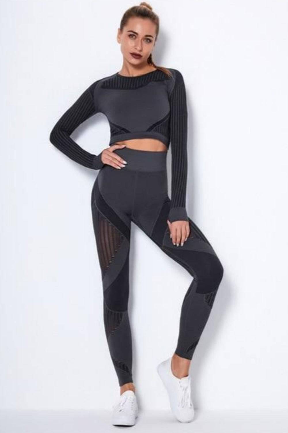 Tummy Control High Waist Seamless Top And Leggings 2 Piece Set - Black - TGC Boutique - Active wear Set