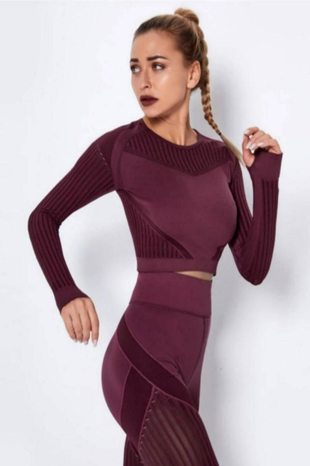 Tummy Control High Waist Seamless Top And Leggings 2 Piece Set - Wine Red - TGC Boutique - Activewear Set