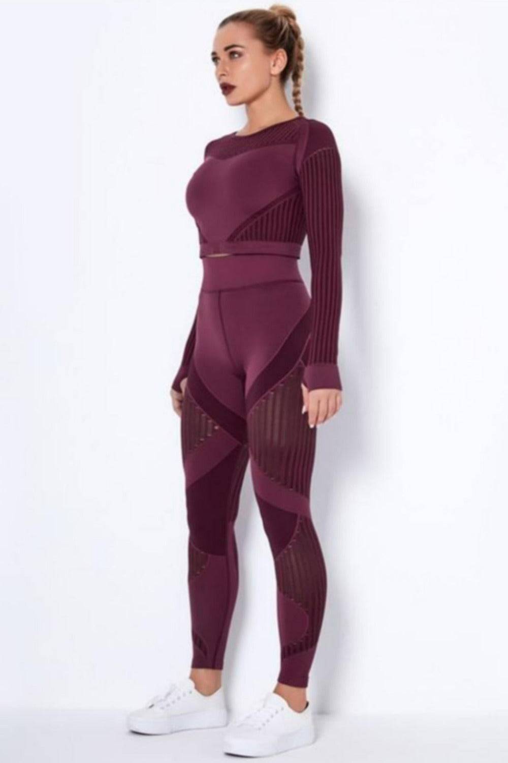 Tummy Control High Waist Seamless Top And Leggings 2 Piece Set - Wine Red - TGC Boutique - Activewear Set
