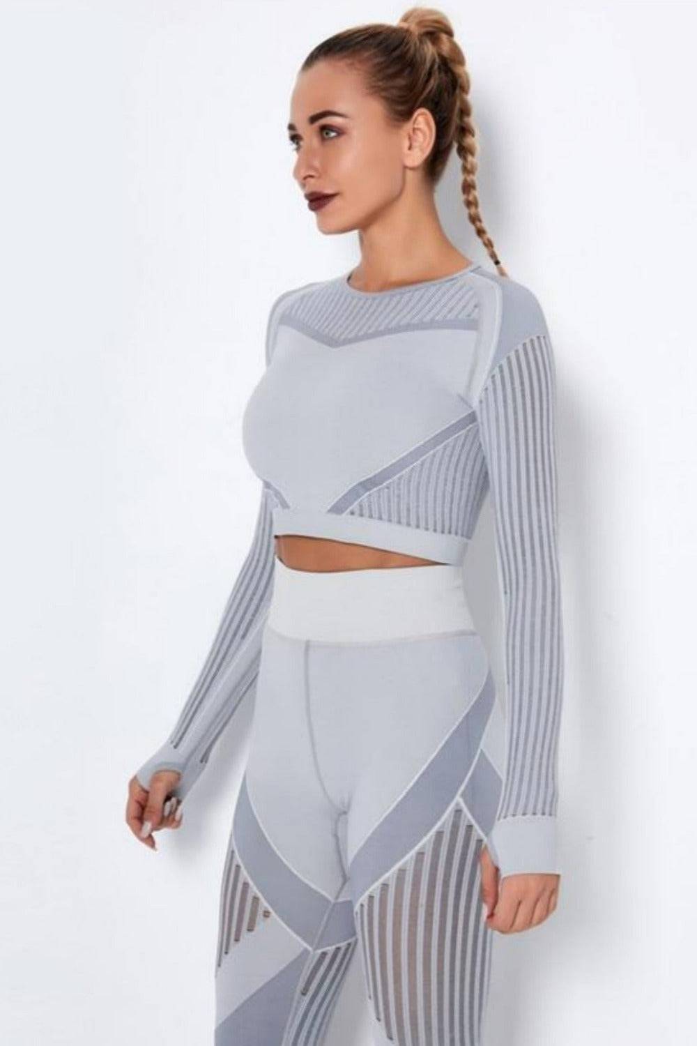 Tummy Control High Waist Seamless Yoga Top And Leggings 2 Piece Set - Light Gray - TGC Boutique - Leggings Set