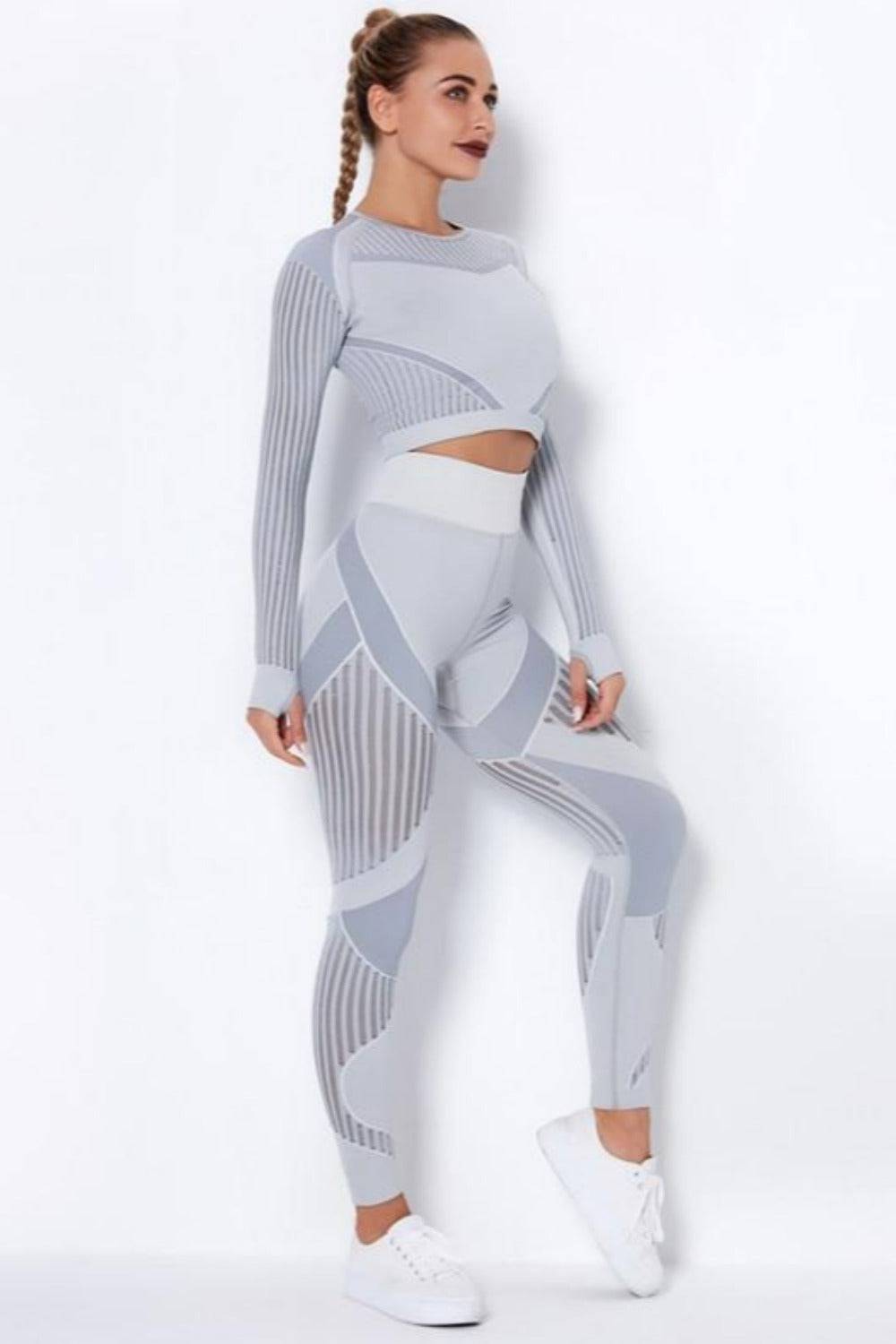 Tummy Control High Waist Seamless Yoga Top And Leggings 2 Piece Set - Light Gray - TGC Boutique - Leggings Set