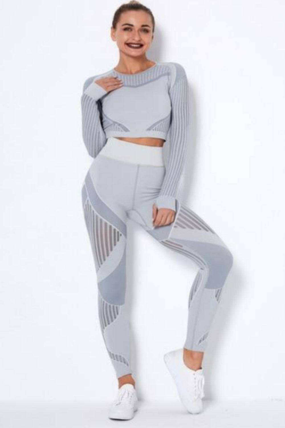 Tummy Control High Waist Seamless Yoga Top And Leggings 2 Piece Set - Light Gray - TGC Boutique - Leggings Set