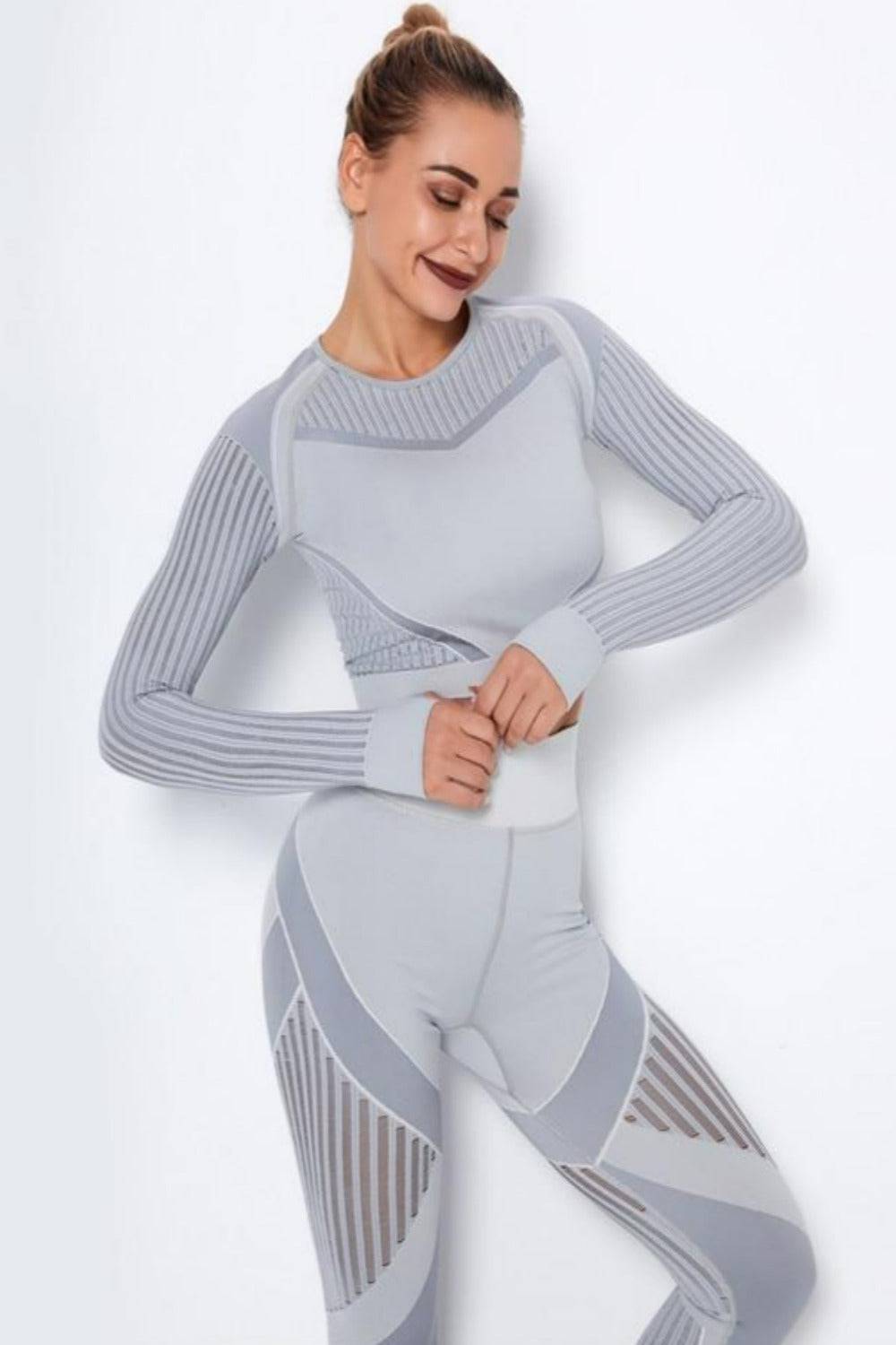 Tummy Control High Waist Seamless Yoga Top And Leggings 2 Piece Set - Light Gray - TGC Boutique - Leggings Set