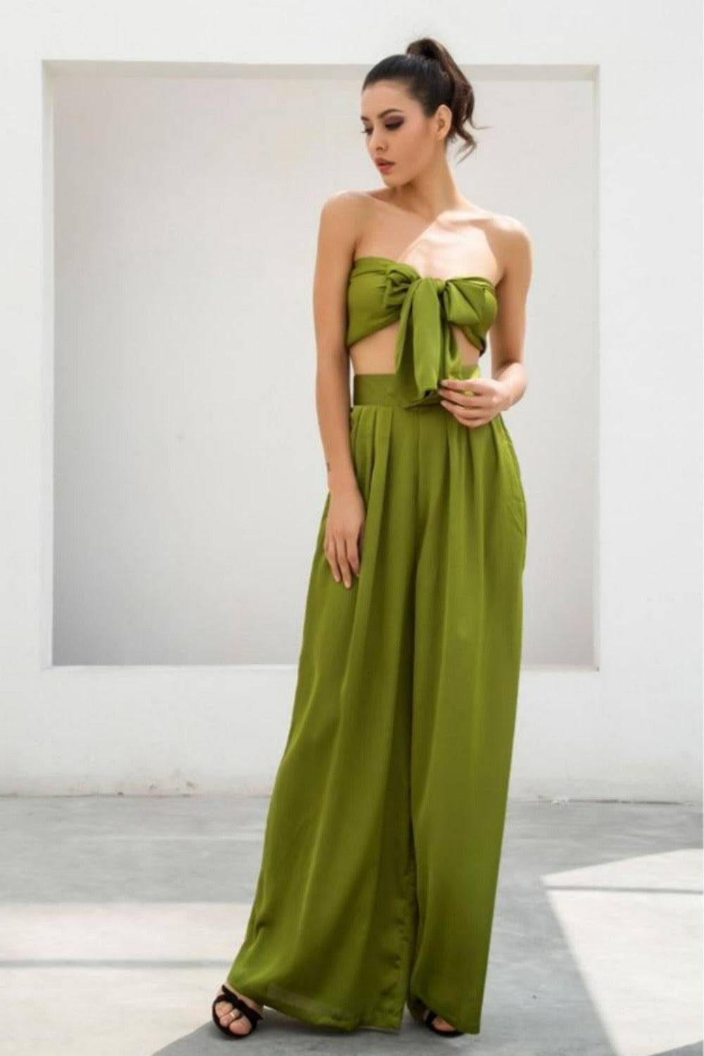 Two-Piece Silky Strapless Tie Front High Waist Wide Leg Pants Set - Green - TGC Boutique - 2 Piece Set