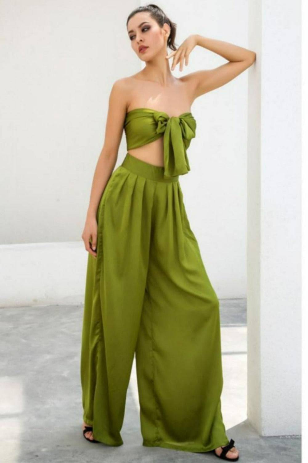 Two-Piece Silky Strapless Tie Front High Waist Wide Leg Pants Set - Green - TGC Boutique - 2 Piece Set
