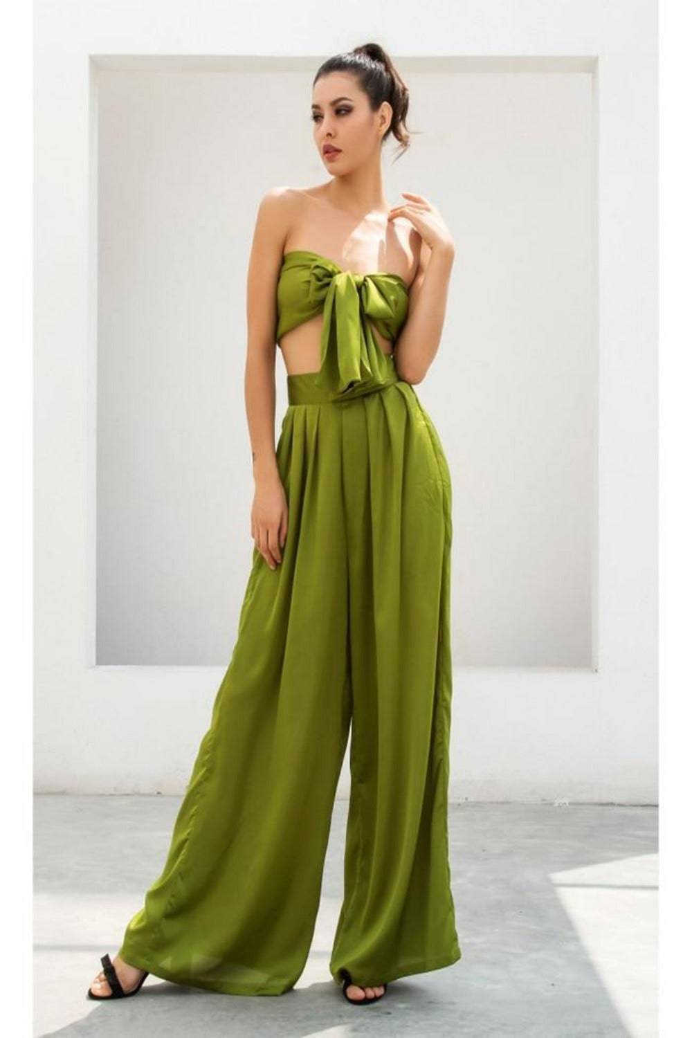 Two-Piece Silky Strapless Tie Front High Waist Wide Leg Pants Set - Green - TGC Boutique - 2 Piece Set