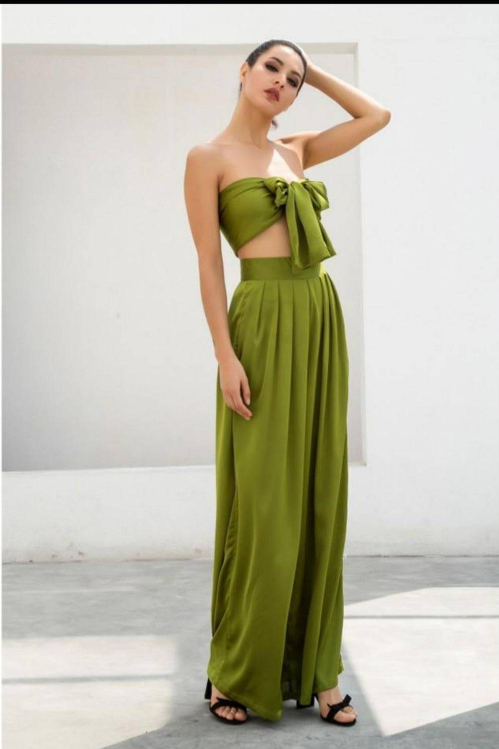 Two-Piece Silky Strapless Tie Front High Waist Wide Leg Pants Set - Green - TGC Boutique - 2 Piece Set