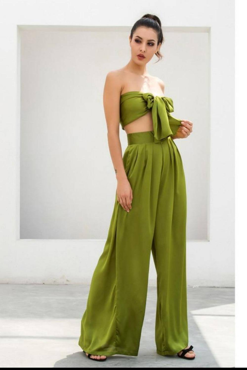Two-Piece Silky Strapless Tie Front High Waist Wide Leg Pants Set - Green - TGC Boutique - 2 Piece Set