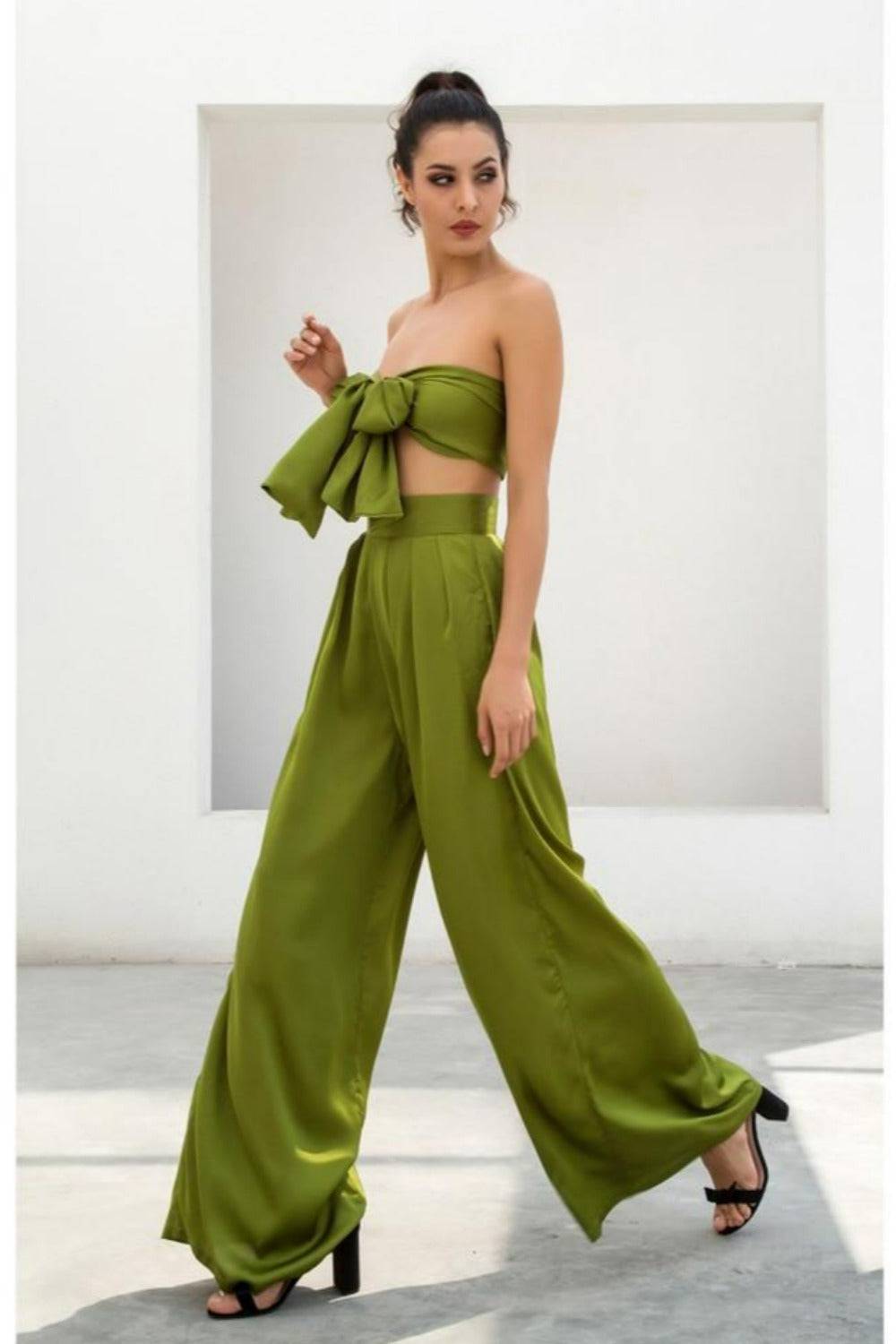 Two-Piece Silky Strapless Tie Front High Waist Wide Leg Pants Set - Green - TGC Boutique - 2 Piece Set