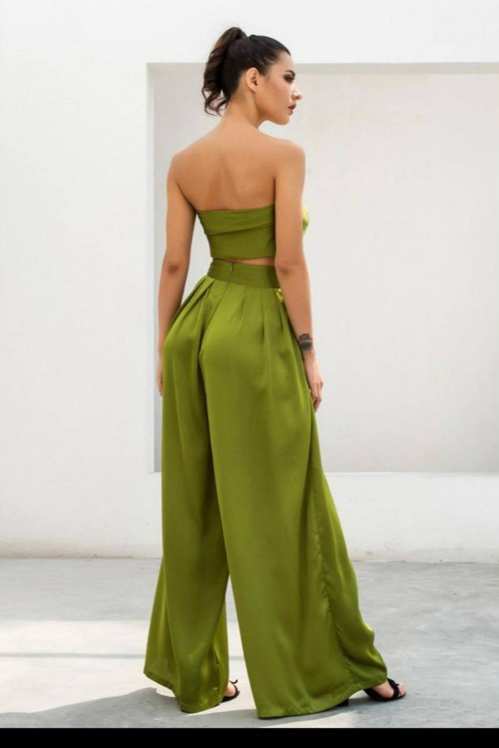 Two-Piece Silky Strapless Tie Front High Waist Wide Leg Pants Set - Green - TGC Boutique - 2 Piece Set