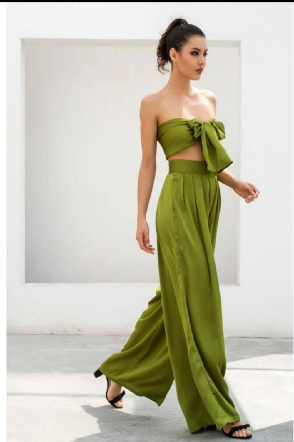 Two-Piece Silky Strapless Tie Front High Waist Wide Leg Pants Set - Green - TGC Boutique - 2 Piece Set
