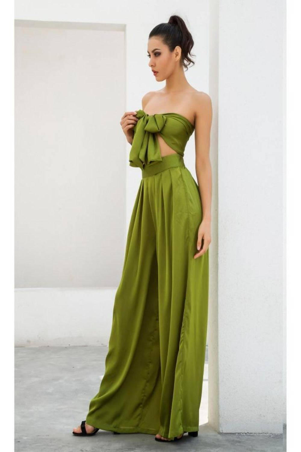 Two-Piece Silky Strapless Tie Front High Waist Wide Leg Pants Set - Green - TGC Boutique - 2 Piece Set