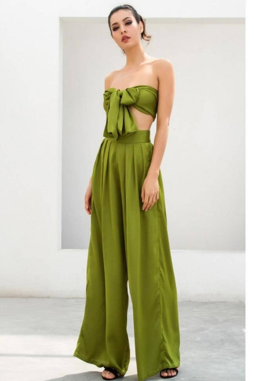 Two-Piece Silky Strapless Tie Front High Waist Wide Leg Pants Set - Green - TGC Boutique - 2 Piece Set