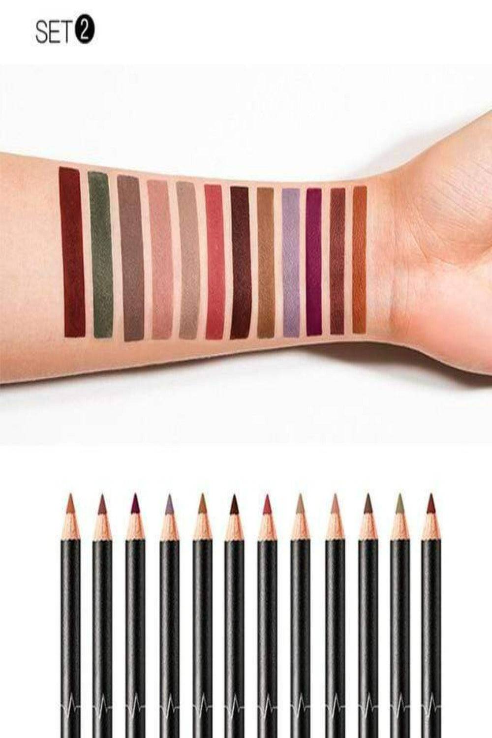 Ultra Durable Waterproof Matte Lipstick Lip Liner Pencil Kit - 12 Pack - TGC Boutique - Lip Liner Makeup