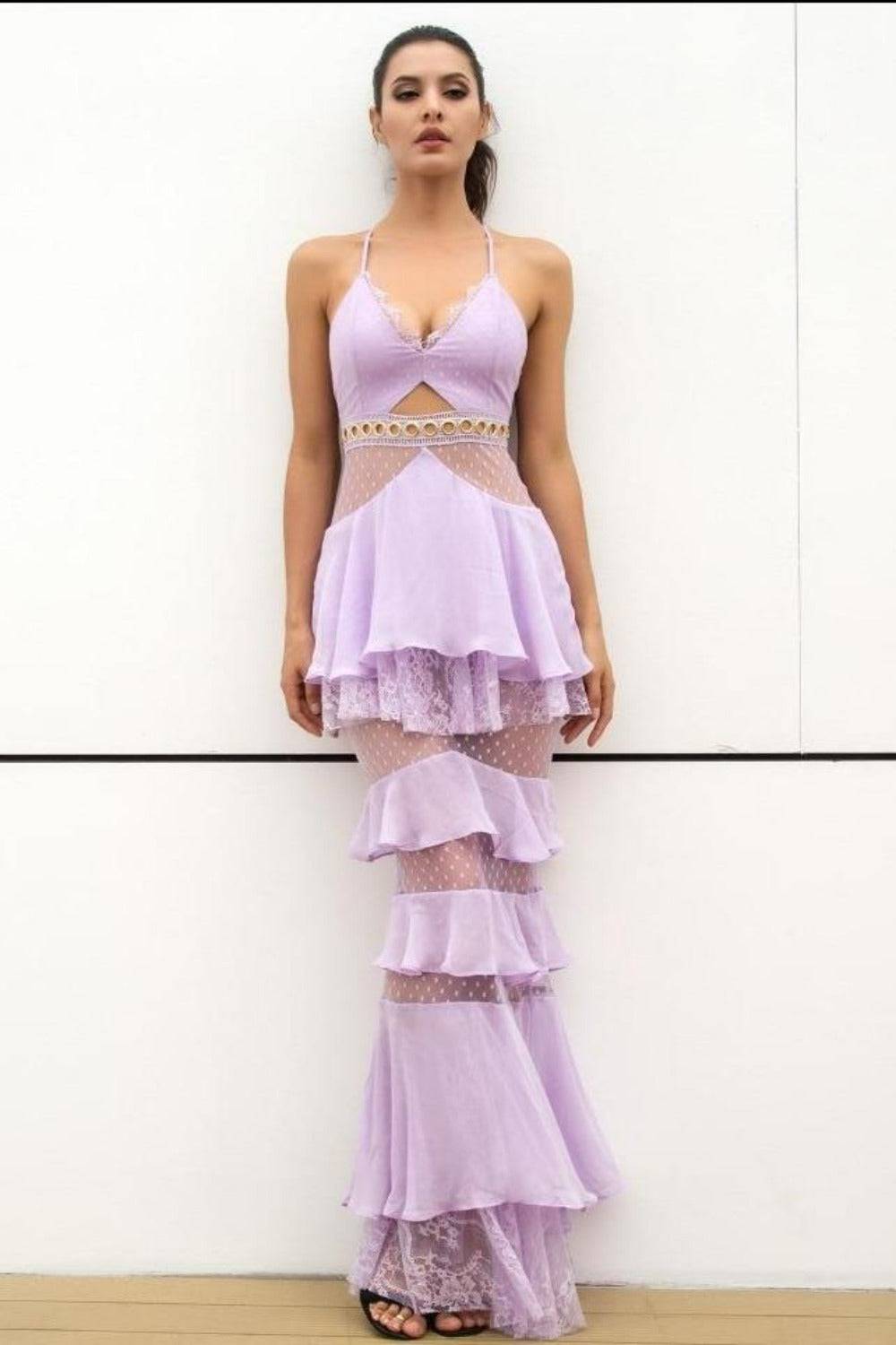 Valerie Layered Chiffon Lace Mermaid Maxi Dress - Light purple - TGC Boutique - Dress