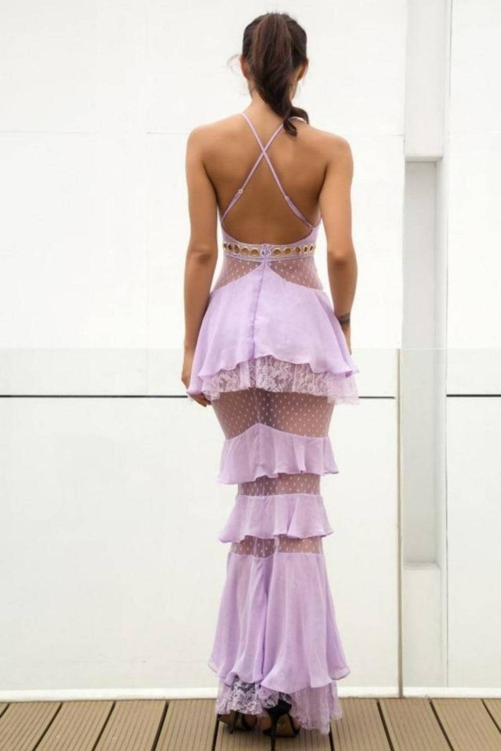 Valerie Layered Chiffon Lace Mermaid Maxi Dress - Light purple - TGC Boutique - Dress