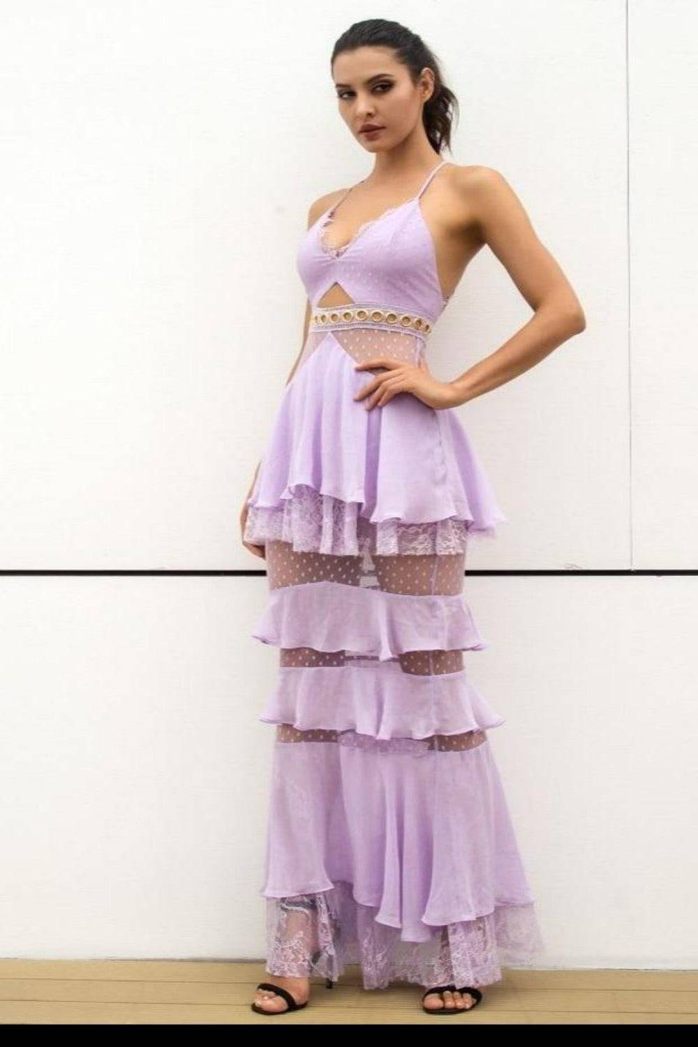 Valerie Layered Chiffon Lace Mermaid Maxi Dress - Light purple - TGC Boutique - Dress