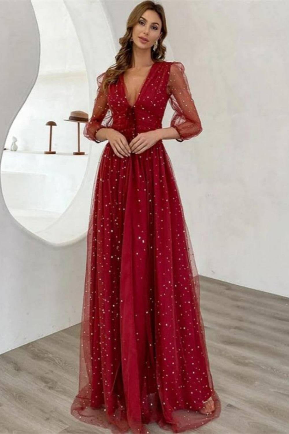 Waist Fitted High Slit Long Sleeve Maxi Dress - TGC Boutique - Star Dress