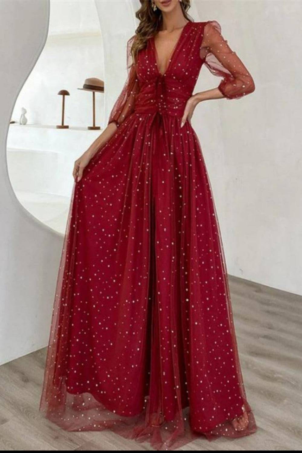 Waist Fitted High Slit Long Sleeve Maxi Dress - TGC Boutique - Star Dress