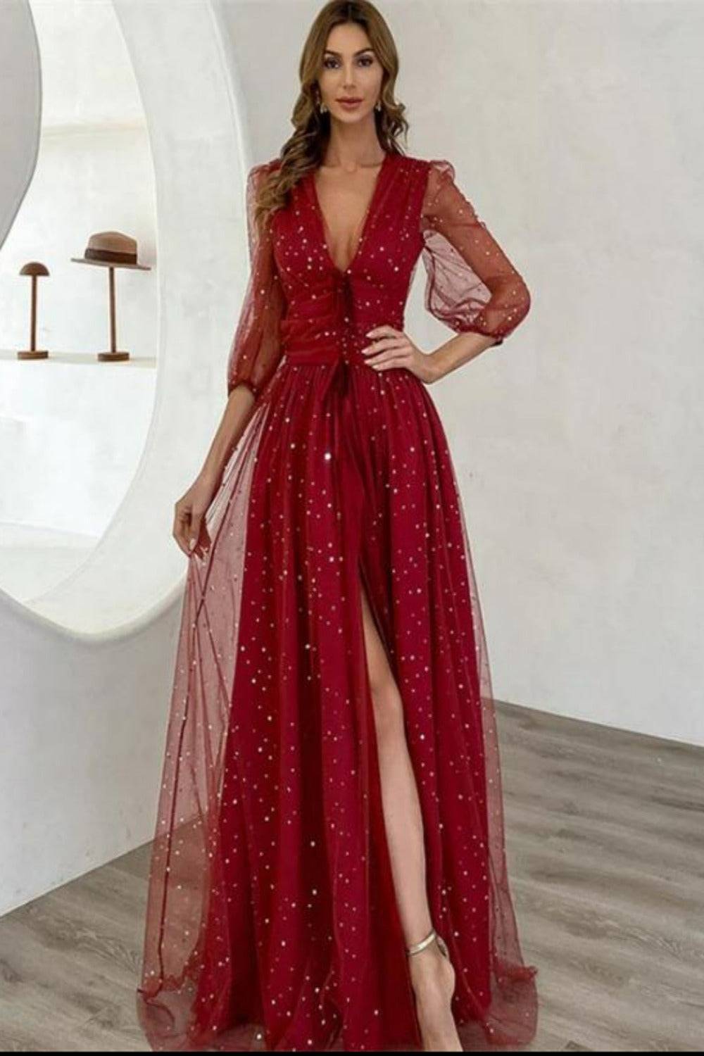 Waist Fitted High Slit Long Sleeve Maxi Dress - TGC Boutique - Star Dress