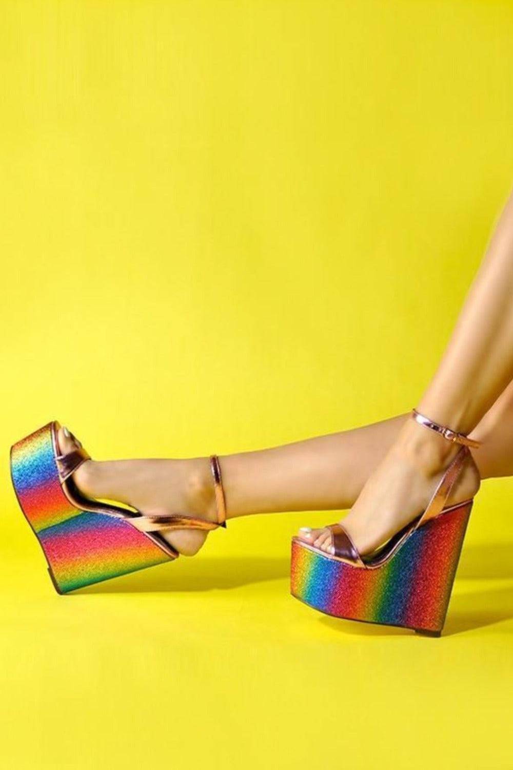 Wedge High Heel Metallic Platform Sandals - TGC Boutique - Glitter Shoes