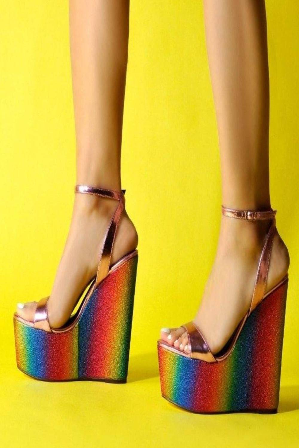 Wedge High Heel Metallic Platform Sandals - TGC Boutique - Glitter Shoes