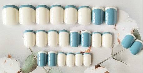 White Press On Nails Blue Glossy French Coffin Nail Kit - TGC Boutique - Press On Nails