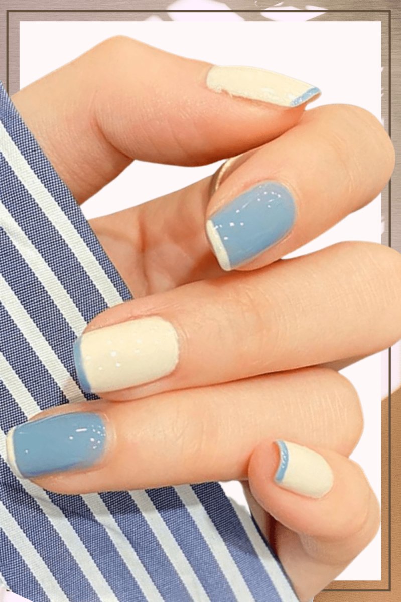 White Press On Nails Blue Glossy French Coffin Nail Kit - TGC Boutique - Press On Nails