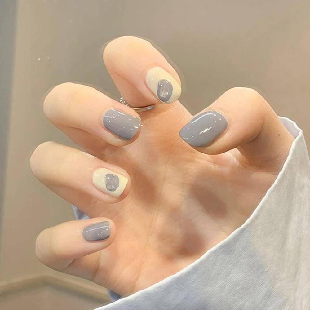 White Press On Nails Gray Glossy Coffin Nail Kit - TGC Boutique - Press On Nails
