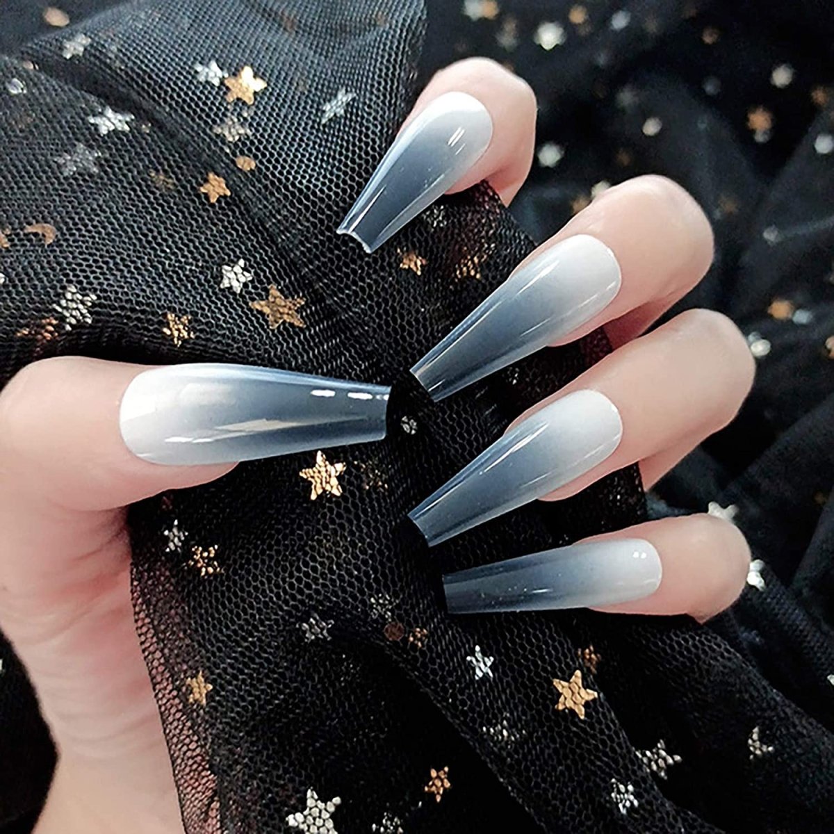 White Press On Nails Gray Ombre Glossy Coffin Nail Kit - TGC Boutique - Press On Nails