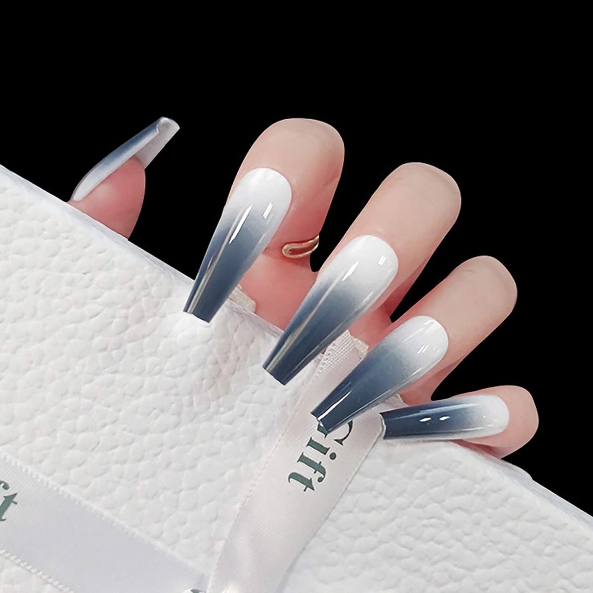 White Press On Nails Gray Ombre Glossy Coffin Nail Kit - TGC Boutique - Press On Nails