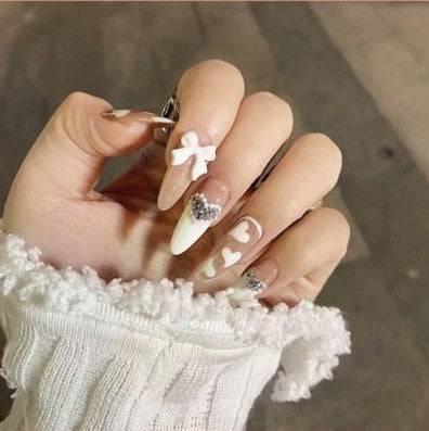 White Press On Nails Heart French Glossy Coffin Crystal Nail Kit - TGC Boutique - Press On Nails