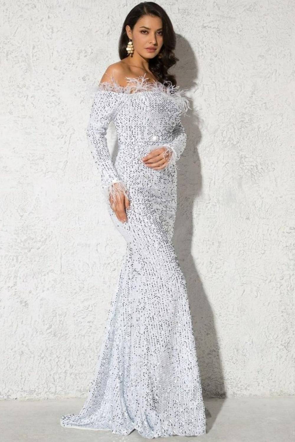 White Sequin Strapless Feather Long Sleeve Maxi Dress - TGC Boutique - White Feather Dress