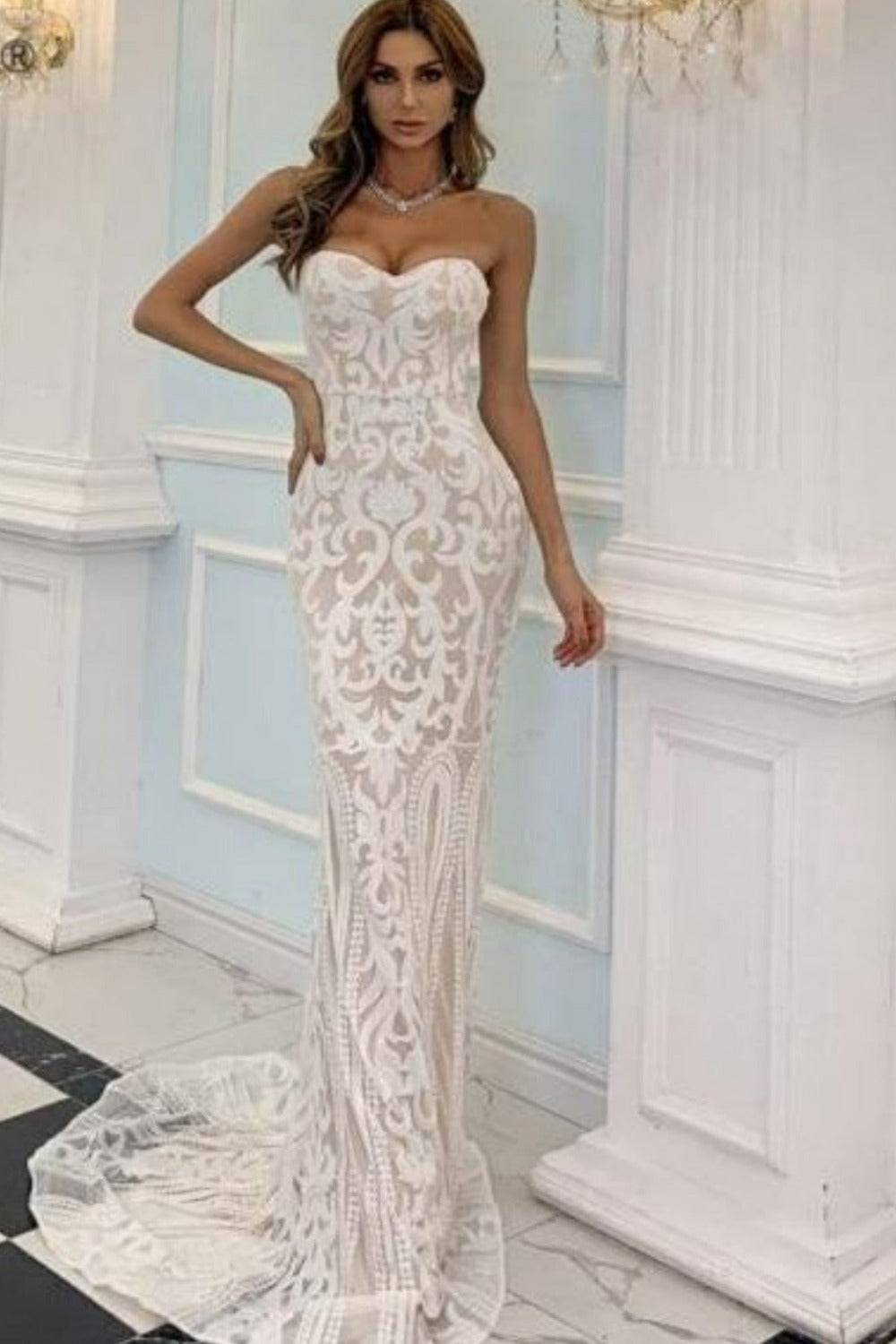 White Strapless Bodycon geometric Sequins Maxi Wedding Dress - TGC Boutique - White Wedding Dress